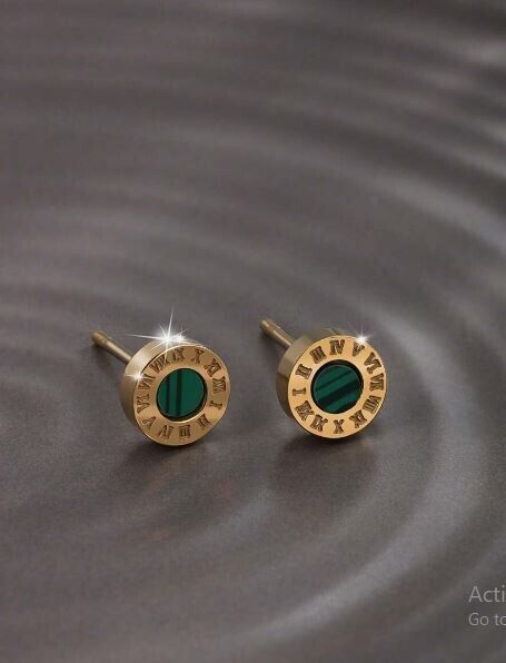 Classic 14K Gold Plated Green Roman Numerals Round Men & Women Stud Earrings